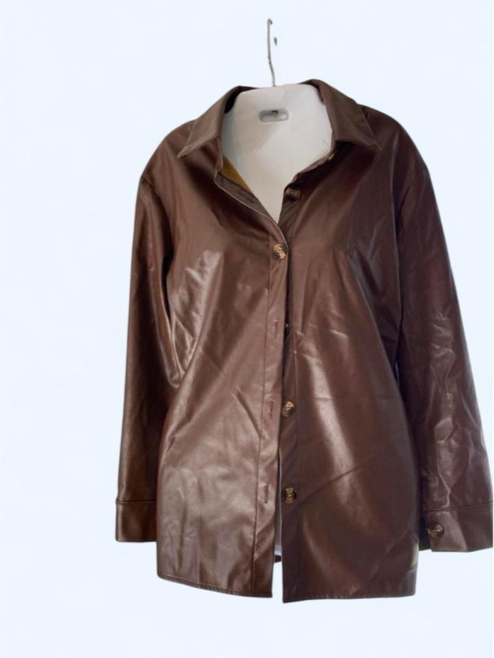SHEIN Brown faux leather button up shirt in a S